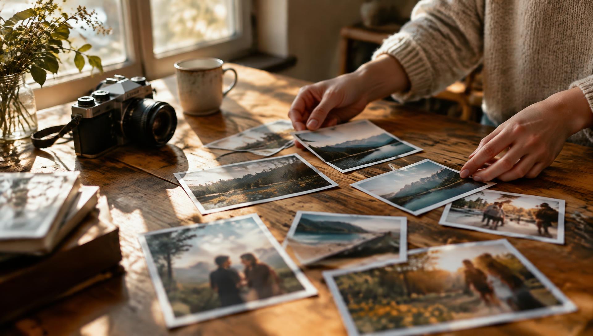 Illustrative image: hands arranging printed photographs on a wooden table