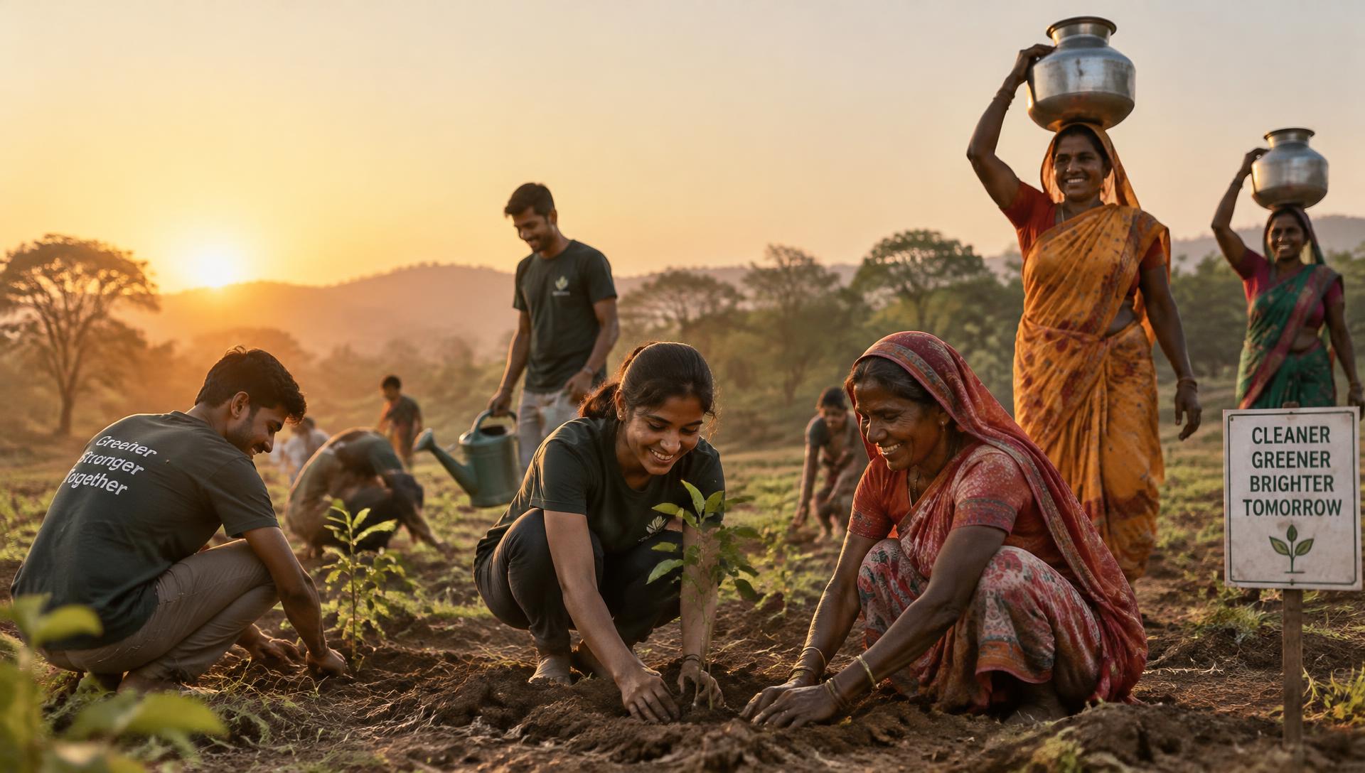 Illustrative image: volunteers and village women planting saplings together at sunrise