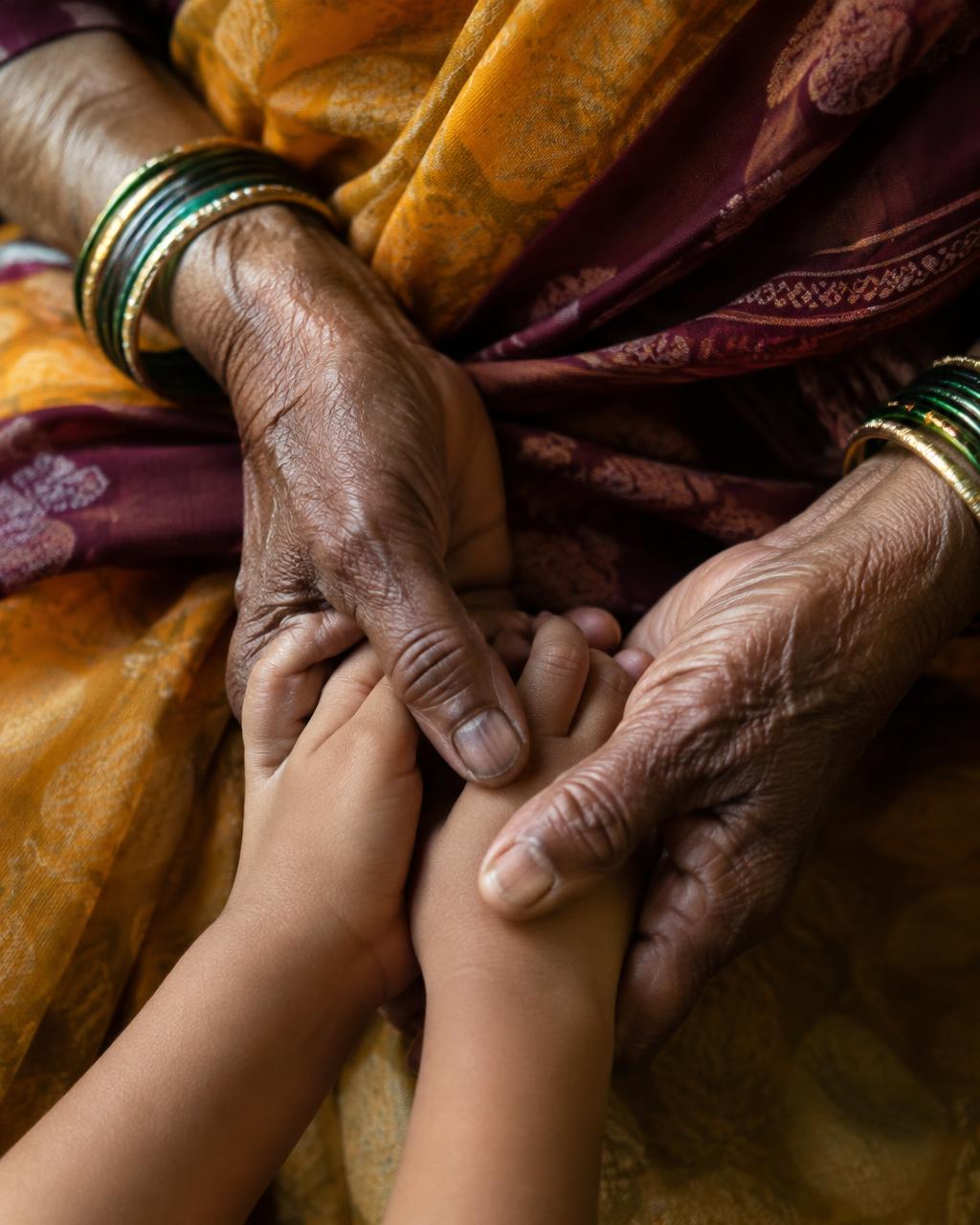 Illustrative image: an elder's hands gently holding a child's hands