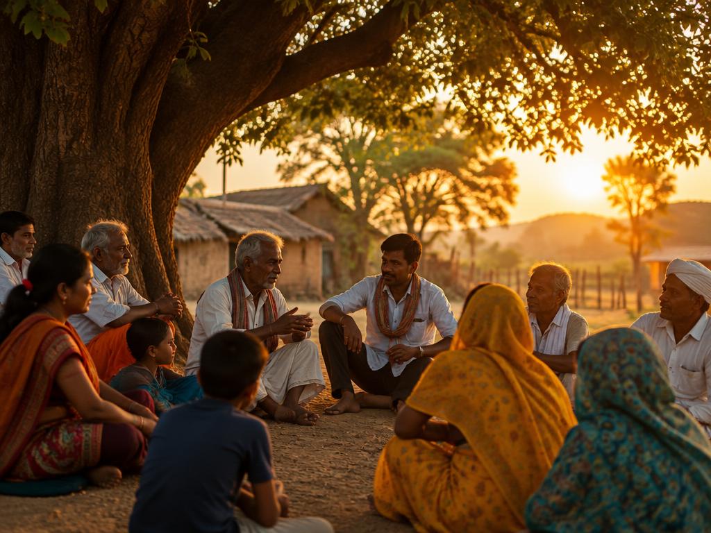 Illustrative image: a village gathering under a tree